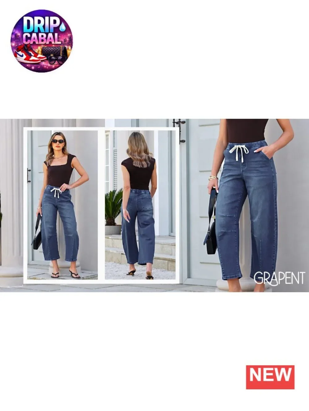 Womens High Rise Barrel Jeans Pull On Elastic Waist Crop Denim Pants Stretchy